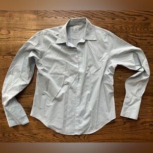 Brooks Brothers Blue Tan Stripe Fitted Dress Shirt 14 Non-Iron French Cuff Women